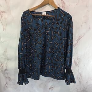 CAbi Shirt Womens Small Blouse Blue Black Shadow Leaf Flutter Romantic 3763